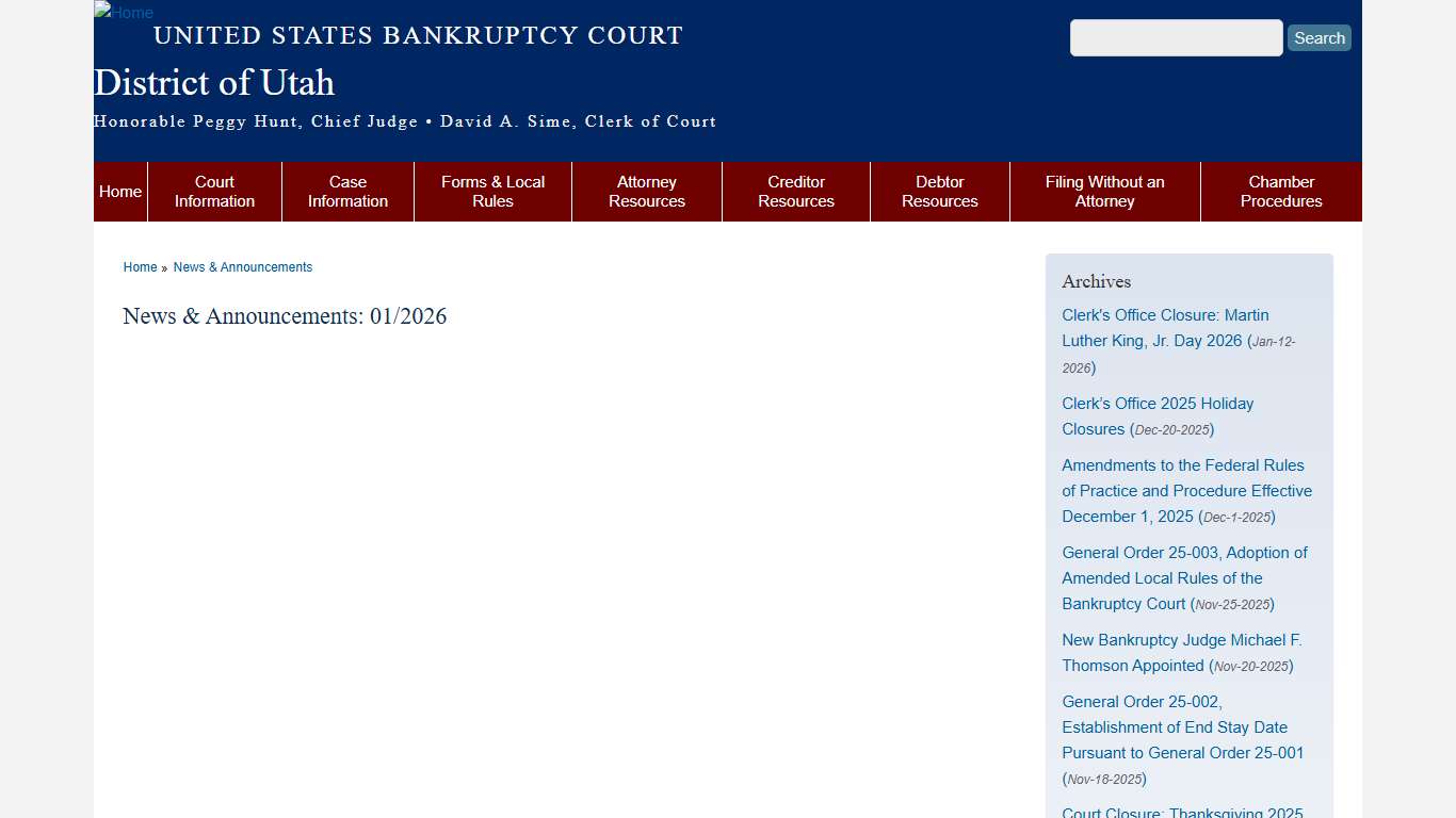 News & Announcements: 01/2026 | District of Utah | United States Bankruptcy Court